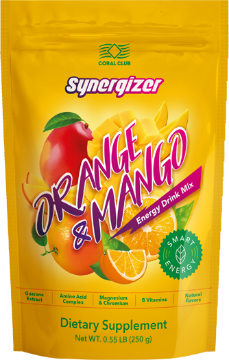 Apelsini- ja mangomaitseline Synergizer joogipulber
